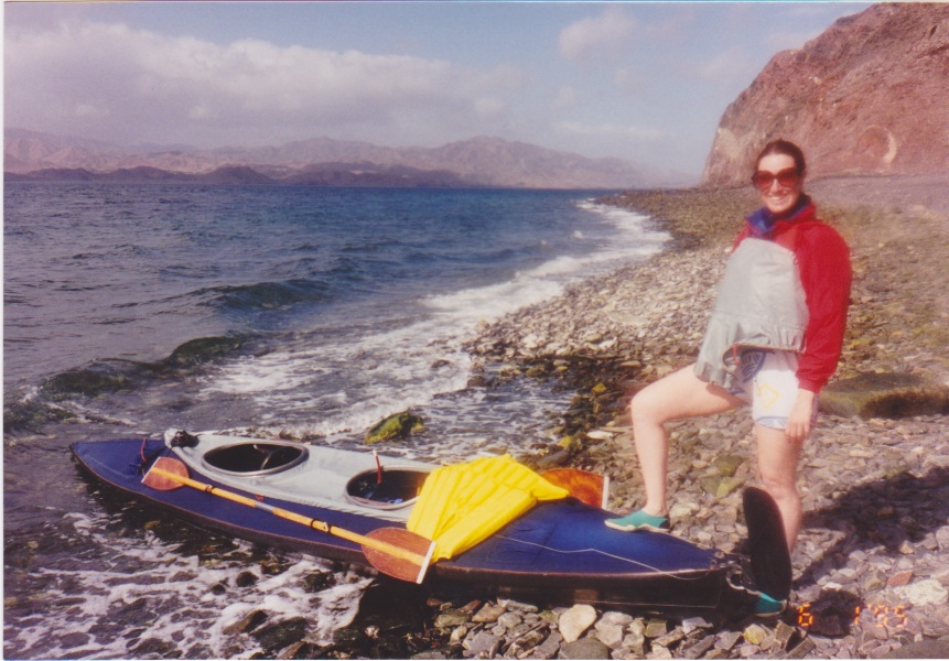 Leslie with the folding Klepper kayak on the Sea of Cortez, 1995