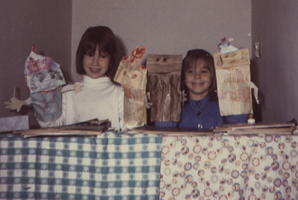 One of my earliest creative endeavors. My friend Sue and I made puppets from paper bags and invited the neighborhood kids to watch the shows we wrote, directed, and performed.